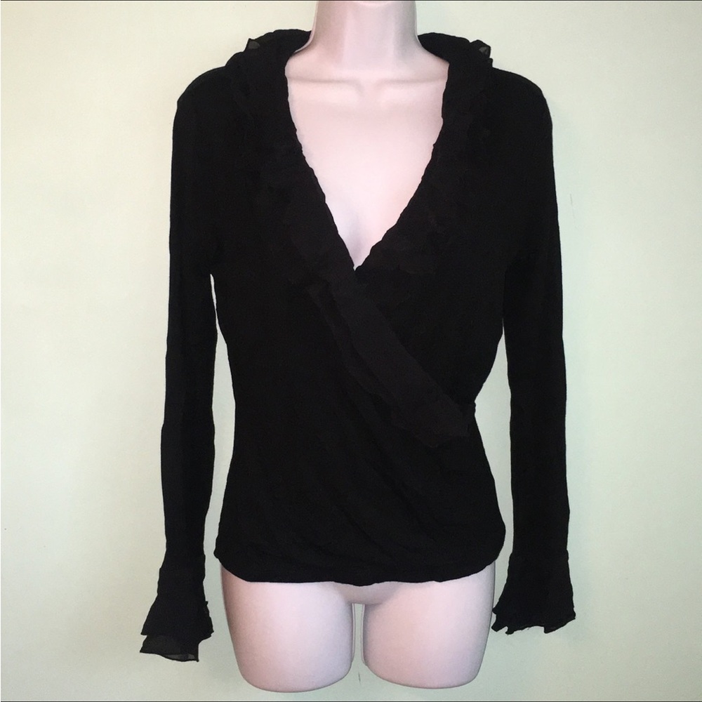 Lauren by Ralph Lauren Black Ruffle Long Sleeve Top Sz Small